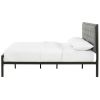 Full Metal Platform Bed with Grey Upholstered Button Tufted Fabric Headboard