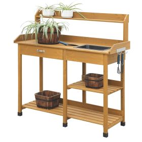 Outdoor Garden Wood Potting Bench Work Table with Sink in Light Wood Finish