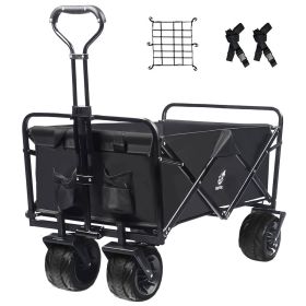 Collapsible Heavy Duty Beach Wagon Cart Outdoor Folding Utility Camping Garden Beach Cart with Universal Wheels Adjustable Handle Shopping (Black)