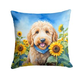 Goldendoodle in Sunflowers Throw Pillow Machine Washable, Indoor Outdoor Decorative Pillow for Couch, Bed or Patio, 14Hx14W