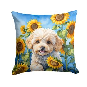 Maltipoo in Sunflowers Throw Pillow Machine Washable, Indoor Outdoor Decorative Pillow for Couch, Bed or Patio, 14Hx14W