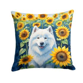 Samoyed in Sunflowers Throw Pillow Machine Washable, Indoor Outdoor Decorative Pillow for Couch, Bed or Patio, 14Hx14W