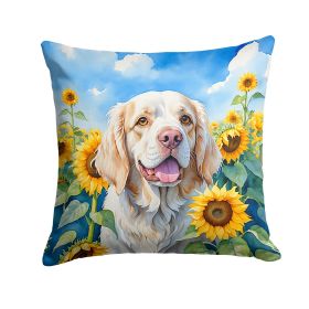 Clumber Spaniel in Sunflowers Throw Pillow Machine Washable, Indoor Outdoor Decorative Pillow for Couch, Bed or Patio, 14Hx14W