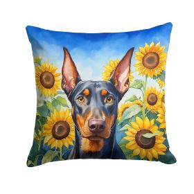 Doberman Pinscher in Sunflowers Throw Pillow Machine Washable, Indoor Outdoor Decorative Pillow for Couch, Bed or Patio, 14Hx14W