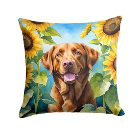 Chesapeake Bay Retriever in Sunflowers Throw Pillow Machine Washable, Indoor Outdoor Decorative Pillow for Couch, Bed or Patio, 14Hx14W