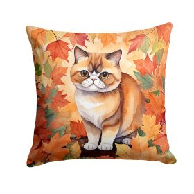 Exotic Shorthair Cat in Fall Leaves Throw Pillow Machine Washable, Indoor Outdoor Decorative Pillow for Couch, Bed or Patio, 14Hx14W