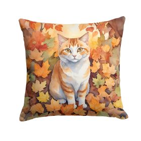 Manx Cat in Fall Leaves Throw Pillow Machine Washable, Indoor Outdoor Decorative Pillow for Couch, Bed or Patio, 14Hx14W