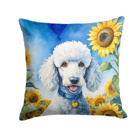 White Poodle in Sunflowers Throw Pillow Machine Washable, Indoor Outdoor Decorative Pillow for Couch, Bed or Patio, 14Hx14W