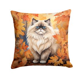 Colorpoint Longhair Cat in Fall Leaves Throw Pillow Machine Washable, Indoor Outdoor Decorative Pillow for Couch, Bed or Patio, 14Hx14W