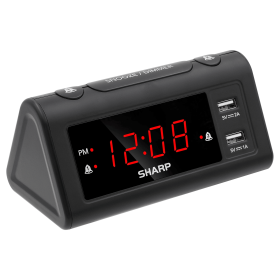 SHARP Dual Alarm Clock with 2 x USB Charge Ports, Black with Red LED Display