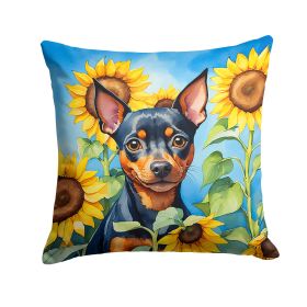 Miniature Pinscher in Sunflowers Throw Pillow Machine Washable, Indoor Outdoor Decorative Pillow for Couch, Bed or Patio, 14Hx14W