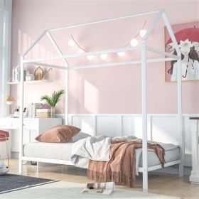 House Bed Frame Twin Size , Kids Bed Frame Metal Platform Bed Floor Bed for Kids Boys Girls No Box Spring Needed White