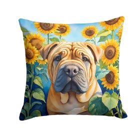 Shar Pei in Sunflowers Throw Pillow Machine Washable, Indoor Outdoor Decorative Pillow for Couch, Bed or Patio, 14Hx14W