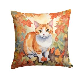 Japanese Bobtail Cat in Fall Leaves Throw Pillow Machine Washable, Indoor Outdoor Decorative Pillow for Couch, Bed or Patio, 14Hx14W