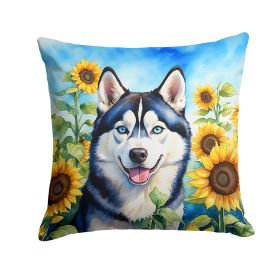 Siberian Husky in Sunflowers Throw Pillow Machine Washable, Indoor Outdoor Decorative Pillow for Couch, Bed or Patio, 14Hx14W (Default: Default)